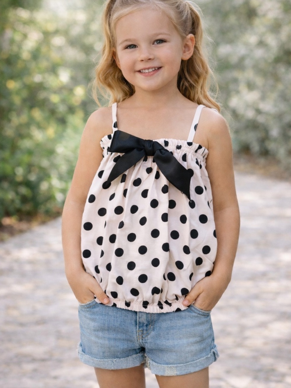 Girls Polka Dot Bow Tank Top - Black & pink